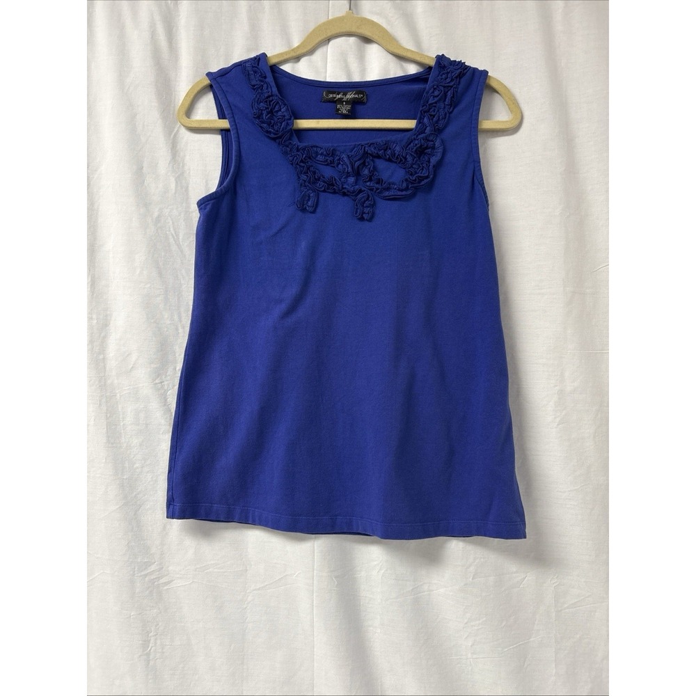Designers Originals Tank Top Women’s Size Small Blue 3-D Ruffle Front Neckline - Picture 2 of 12